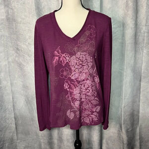Ransom Purple Floral V-neck Long Sleeve Lightweight Sweatshirt w Metallic Accent